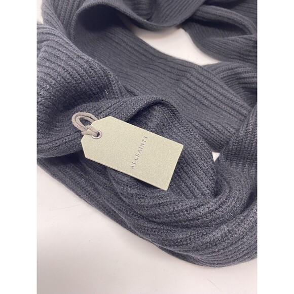 AllSaints Rib Scarf Mens One Size Black 100% Merino Wool Winter Knit Tag New - Picture 2 of 8